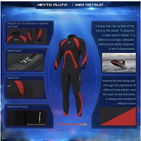 Hevto Pluto-1 3XL Men’s 3/2mm Black & Red Neoprene Wetsuit‎ Full Scuba Suits - Picture 3 of 7